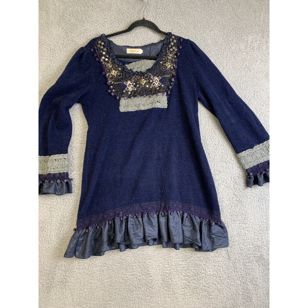 Simply Couture Sweater Womens Large Blue Embroidered Boho‎ Pullover Shabby Chic
